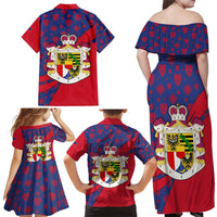 Liechtenstein Family Matching Off Shoulder Maxi Dress and Hawaiian Shirt with Red Blue Heart Design and Royal Coat of Arms Pattern - Wonder Print Shop