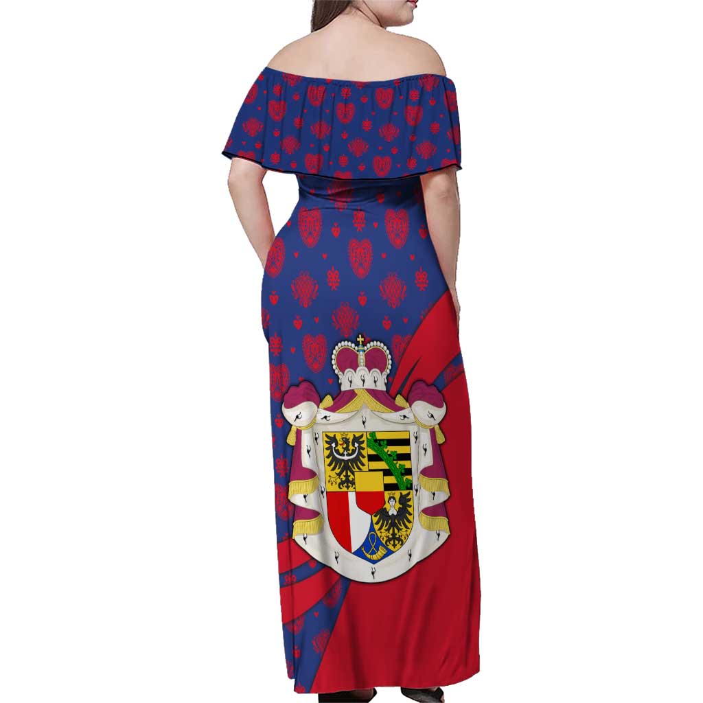 Liechtenstein Family Matching Off Shoulder Maxi Dress and Hawaiian Shirt with Red Blue Heart Design and Royal Coat of Arms Pattern - Wonder Print Shop