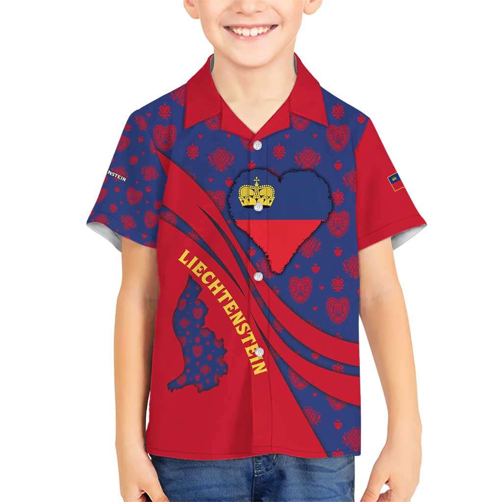 Liechtenstein Family Matching Off Shoulder Maxi Dress and Hawaiian Shirt with Red Blue Heart Design and Royal Coat of Arms Pattern - Wonder Print Shop