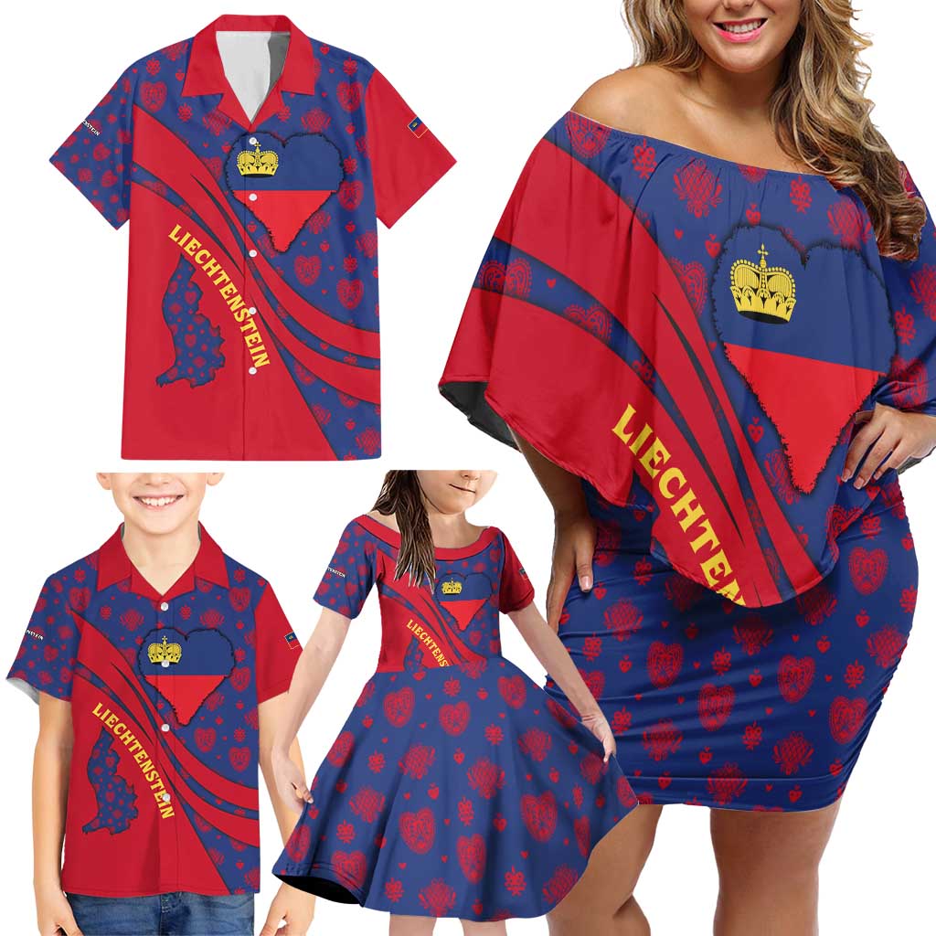 Liechtenstein Family Matching Off Shoulder Short Dress and Hawaiian Shirt with Red Blue Heart Design and Royal Coat of Arms Pattern - Wonder Print Shop