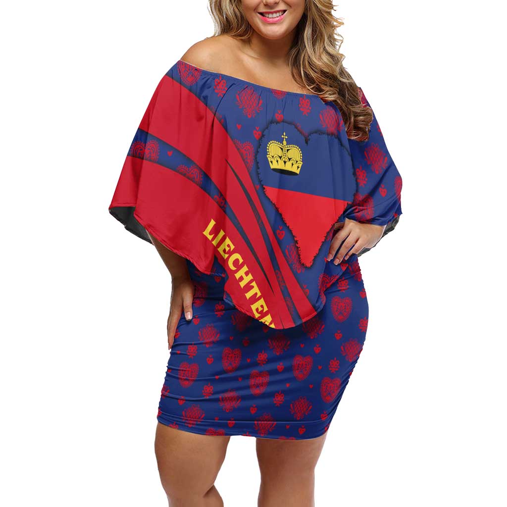 Liechtenstein Family Matching Off Shoulder Short Dress and Hawaiian Shirt with Red Blue Heart Design and Royal Coat of Arms Pattern - Wonder Print Shop