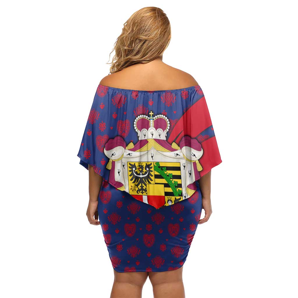 Liechtenstein Family Matching Off Shoulder Short Dress and Hawaiian Shirt with Red Blue Heart Design and Royal Coat of Arms Pattern - Wonder Print Shop