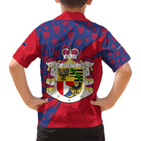 Liechtenstein Family Matching Puletasi and Hawaiian Shirt with Red Blue Heart Design and Royal Coat of Arms Pattern - Wonder Print Shop