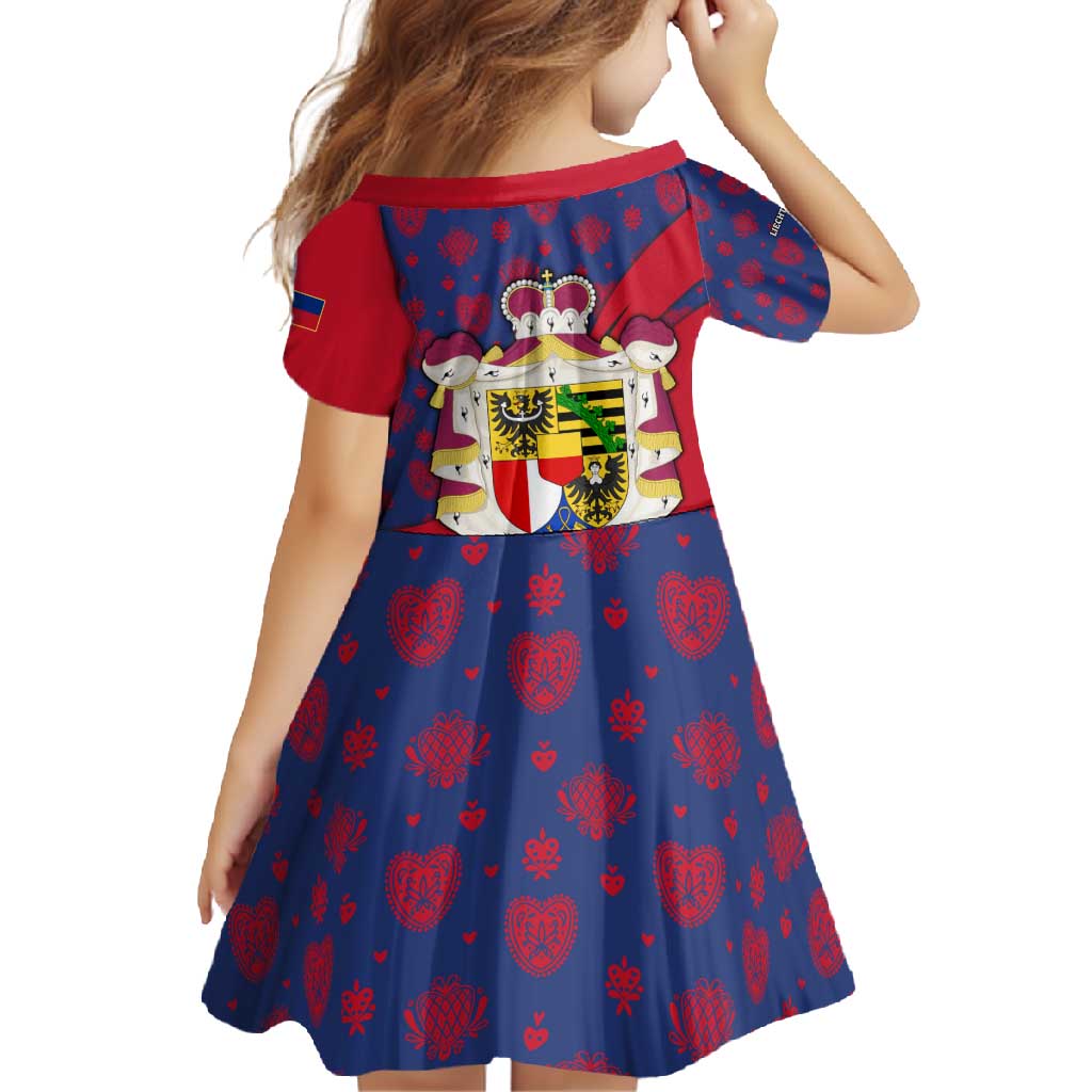 Liechtenstein Family Matching Short Sleeve Bodycon Dress and Hawaiian Shirt with Red Blue Heart Design and Royal Coat of Arms Pattern - Wonder Print Shop