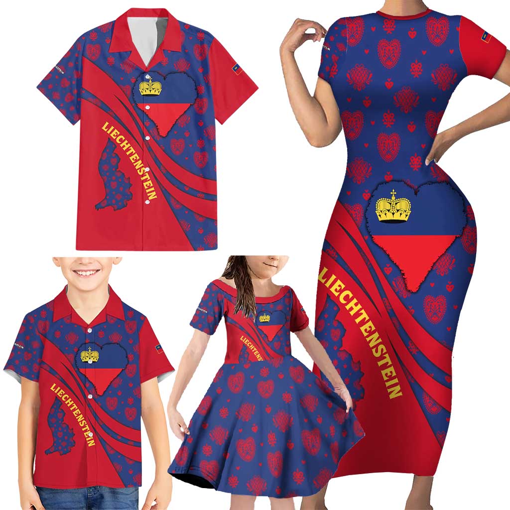 Liechtenstein Family Matching Short Sleeve Bodycon Dress and Hawaiian Shirt with Red Blue Heart Design and Royal Coat of Arms Pattern - Wonder Print Shop