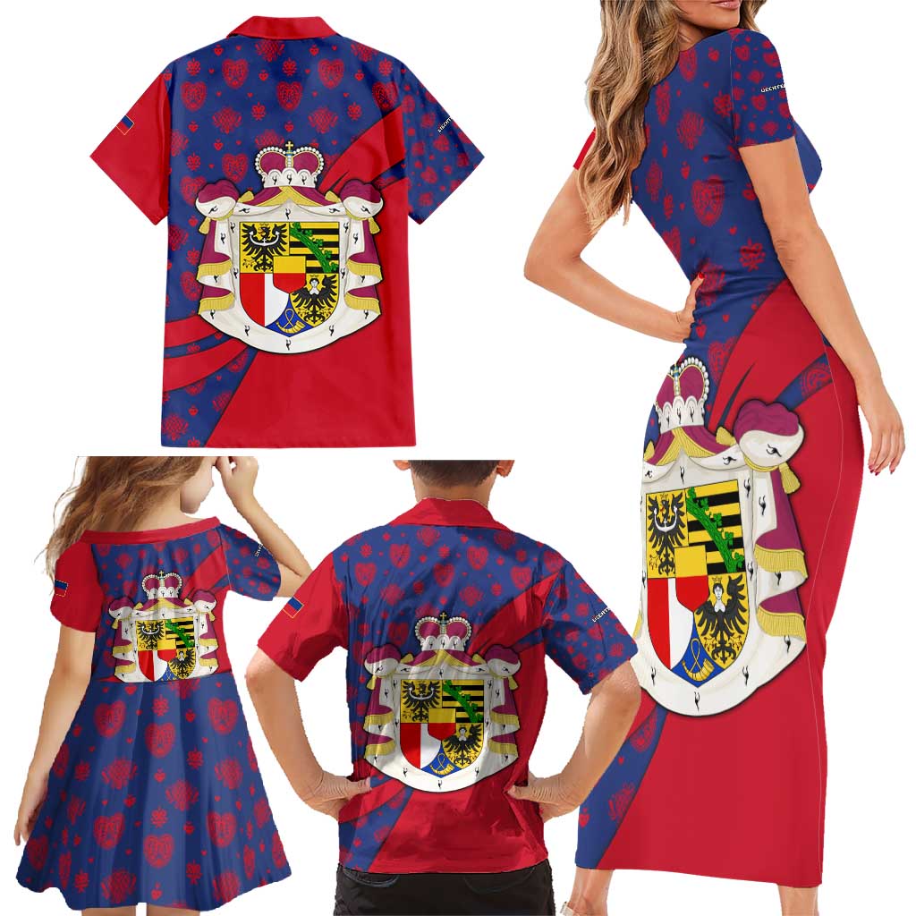 Liechtenstein Family Matching Short Sleeve Bodycon Dress and Hawaiian Shirt with Red Blue Heart Design and Royal Coat of Arms Pattern - Wonder Print Shop