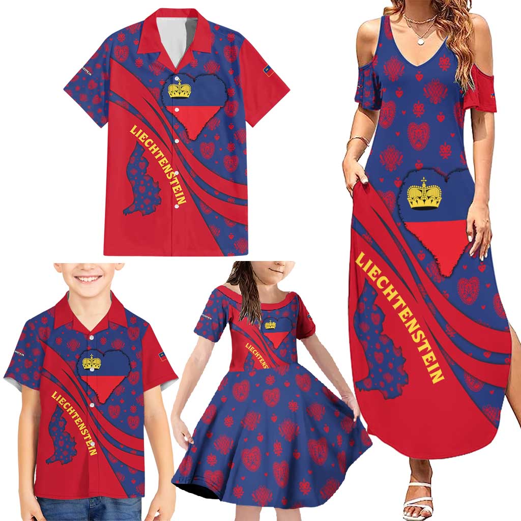 Liechtenstein Family Matching Summer Maxi Dress and Hawaiian Shirt with Red Blue Heart Design and Royal Coat of Arms Pattern - Wonder Print Shop