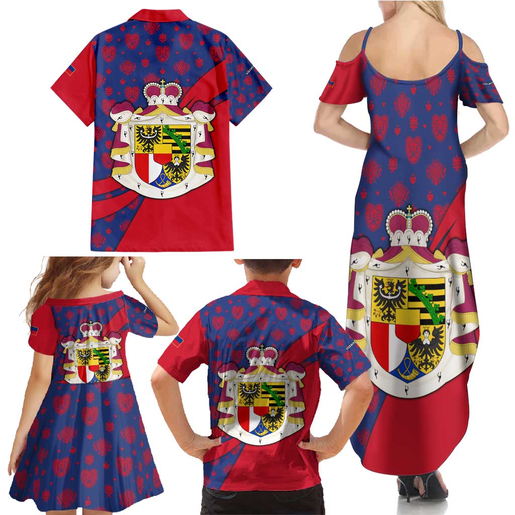 Liechtenstein Family Matching Summer Maxi Dress and Hawaiian Shirt with Red Blue Heart Design and Royal Coat of Arms Pattern - Wonder Print Shop