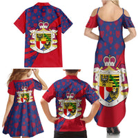 Liechtenstein Family Matching Summer Maxi Dress and Hawaiian Shirt with Red Blue Heart Design and Royal Coat of Arms Pattern - Wonder Print Shop