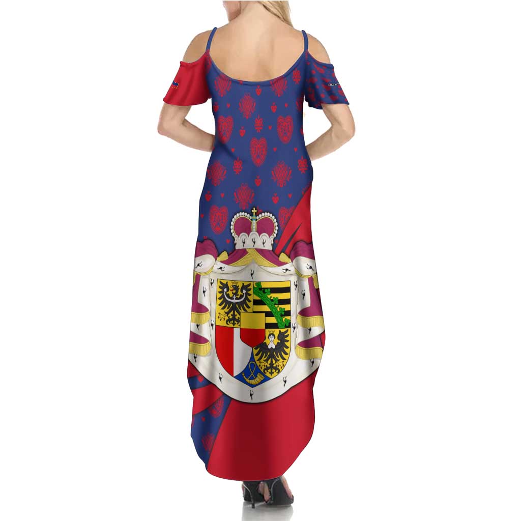 Liechtenstein Family Matching Summer Maxi Dress and Hawaiian Shirt with Red Blue Heart Design and Royal Coat of Arms Pattern - Wonder Print Shop