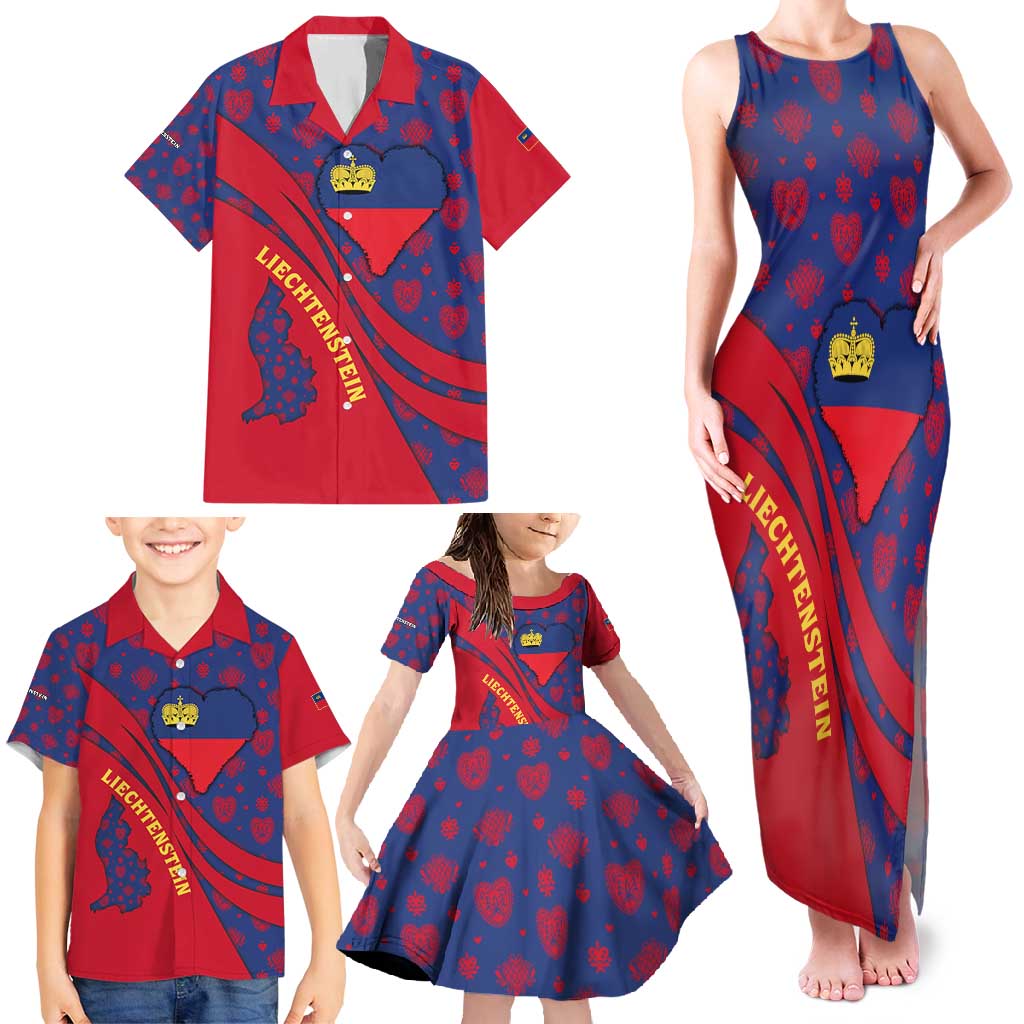Liechtenstein Family Matching Tank Maxi Dress and Hawaiian Shirt with Red Blue Heart Design and Royal Coat of Arms Pattern - Wonder Print Shop