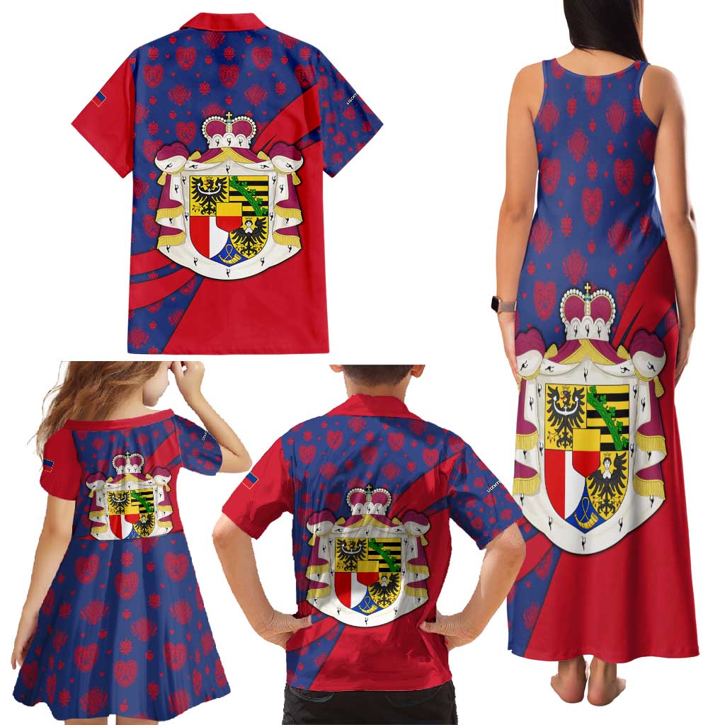 Liechtenstein Family Matching Tank Maxi Dress and Hawaiian Shirt with Red Blue Heart Design and Royal Coat of Arms Pattern - Wonder Print Shop