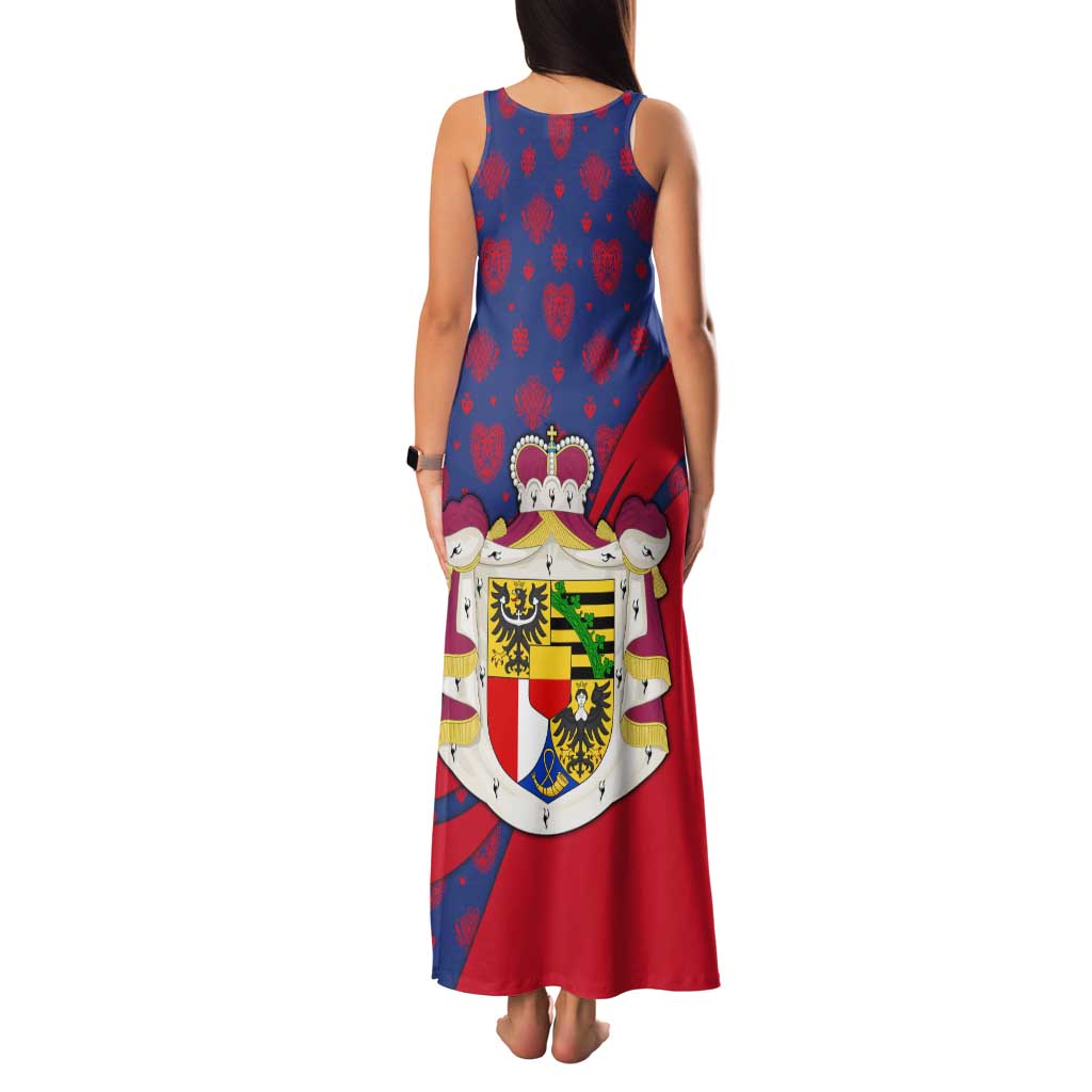 Liechtenstein Family Matching Tank Maxi Dress and Hawaiian Shirt with Red Blue Heart Design and Royal Coat of Arms Pattern - Wonder Print Shop