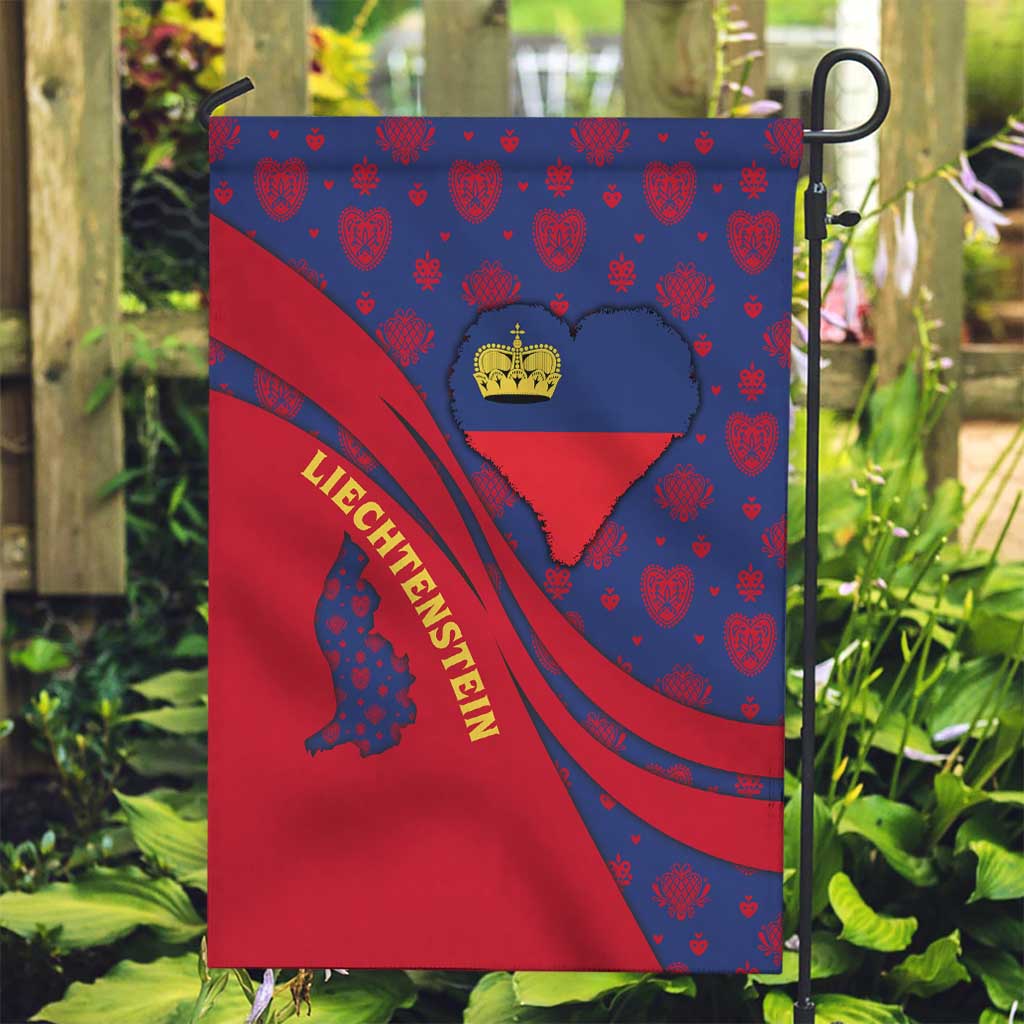Liechtenstein Garden Flag with Red Blue Heart Design and Royal Coat of Arms Pattern - Wonder Print Shop