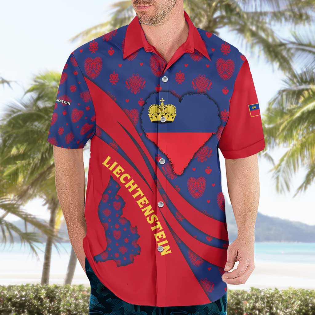 Liechtenstein Hawaiian Shirt with Red Blue Heart Design and Royal Coat of Arms Pattern - Wonder Print Shop