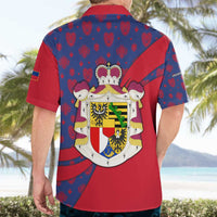 Liechtenstein Hawaiian Shirt with Red Blue Heart Design and Royal Coat of Arms Pattern - Wonder Print Shop