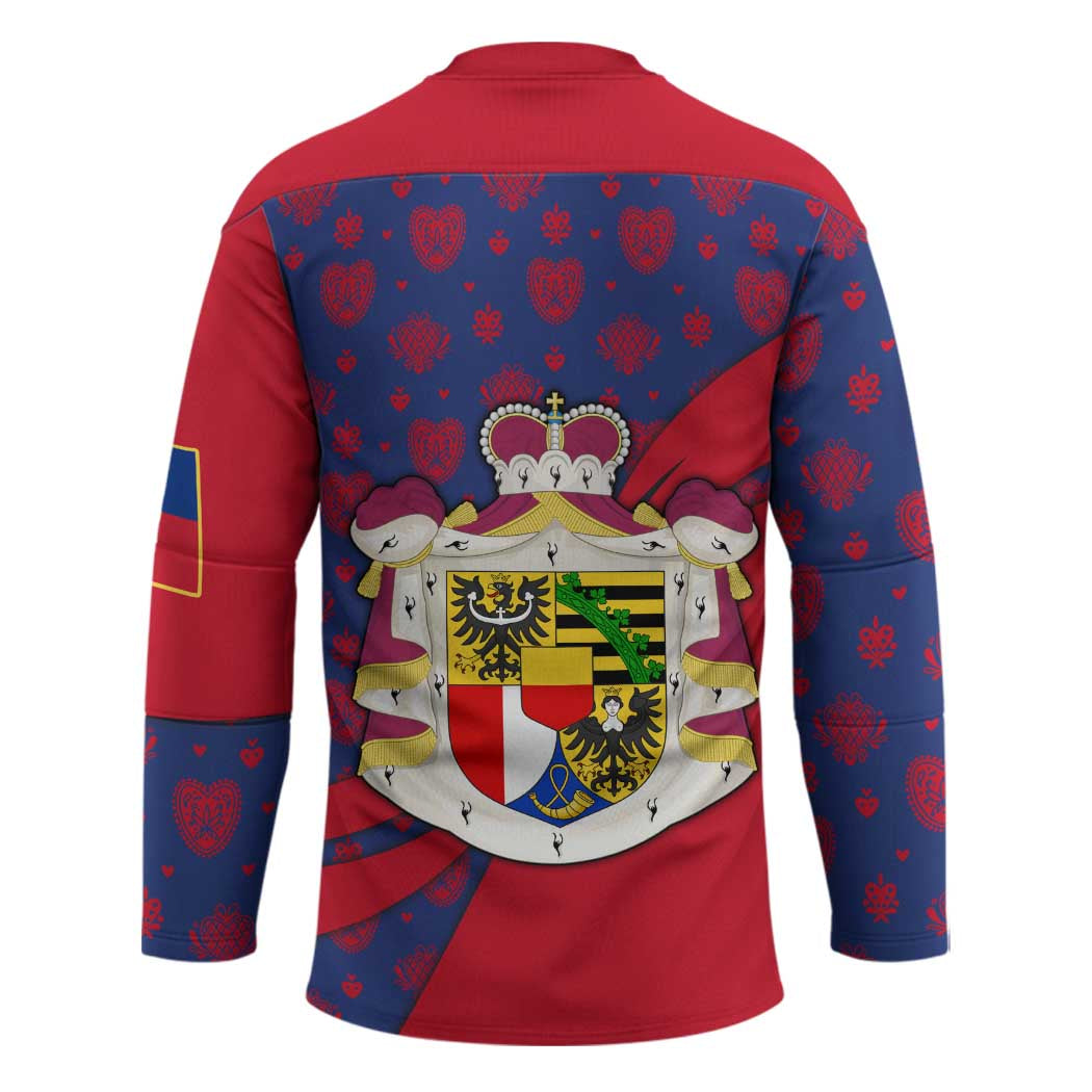 Liechtenstein Hockey Jersey with Red Blue Heart Design and Royal Coat of Arms Pattern - Wonder Print Shop