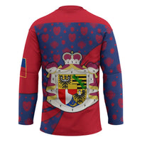 Liechtenstein Hockey Jersey with Red Blue Heart Design and Royal Coat of Arms Pattern - Wonder Print Shop