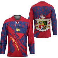 Liechtenstein Hockey Jersey with Red Blue Heart Design and Royal Coat of Arms Pattern - Wonder Print Shop