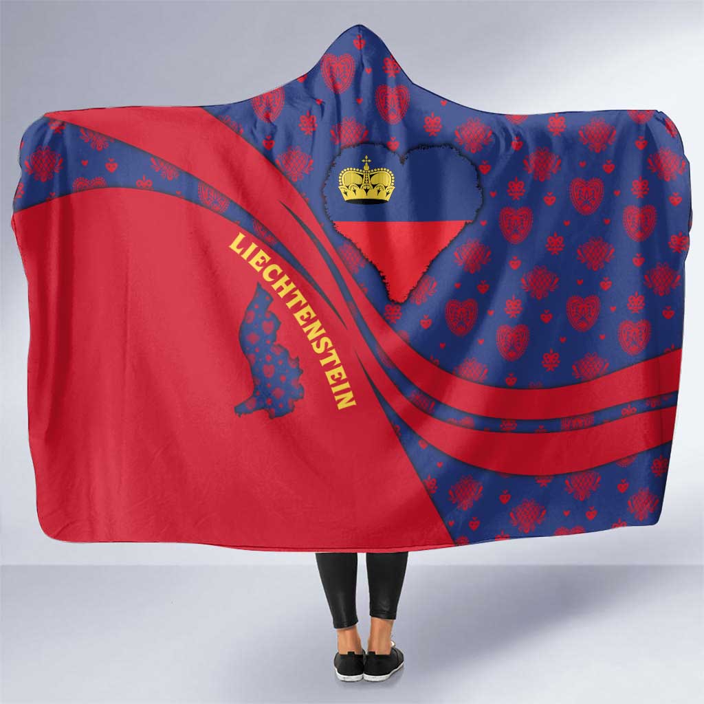 Liechtenstein Hooded Blanket with Red Blue Heart Design and Royal Coat of Arms Pattern - Wonder Print Shop