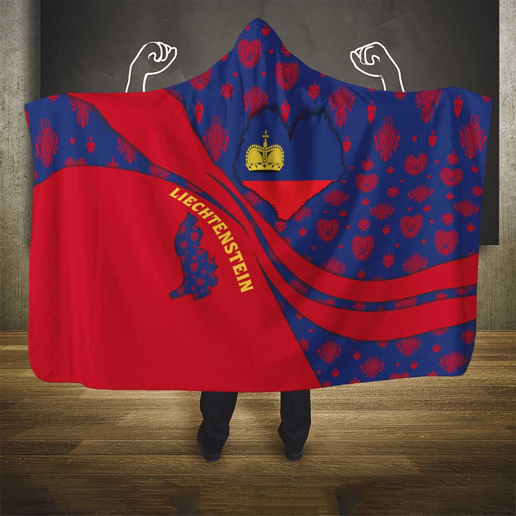 Liechtenstein Hooded Blanket with Red Blue Heart Design and Royal Coat of Arms Pattern - Wonder Print Shop