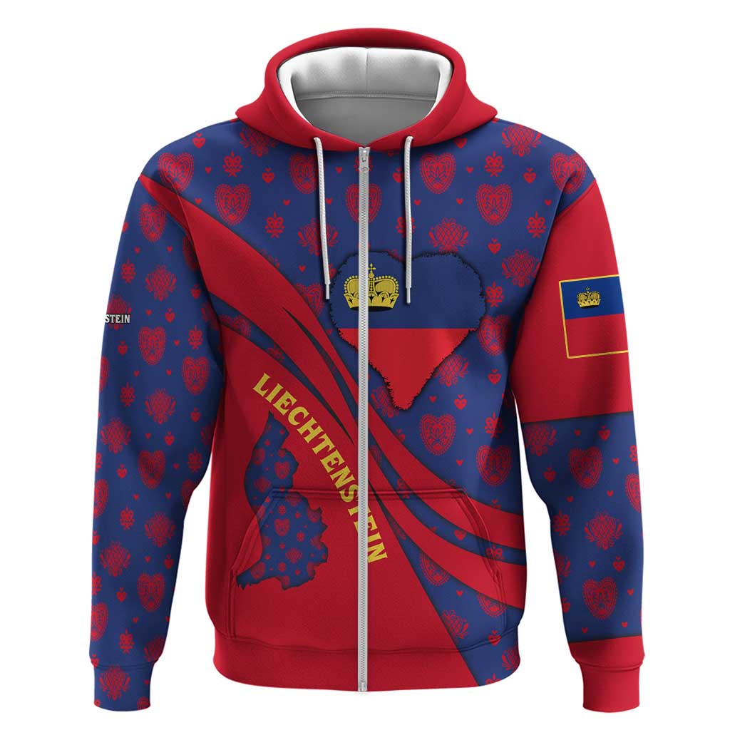 Liechtenstein Hoodie with Red Blue Heart Design and Royal Coat of Arms Pattern - Wonder Print Shop
