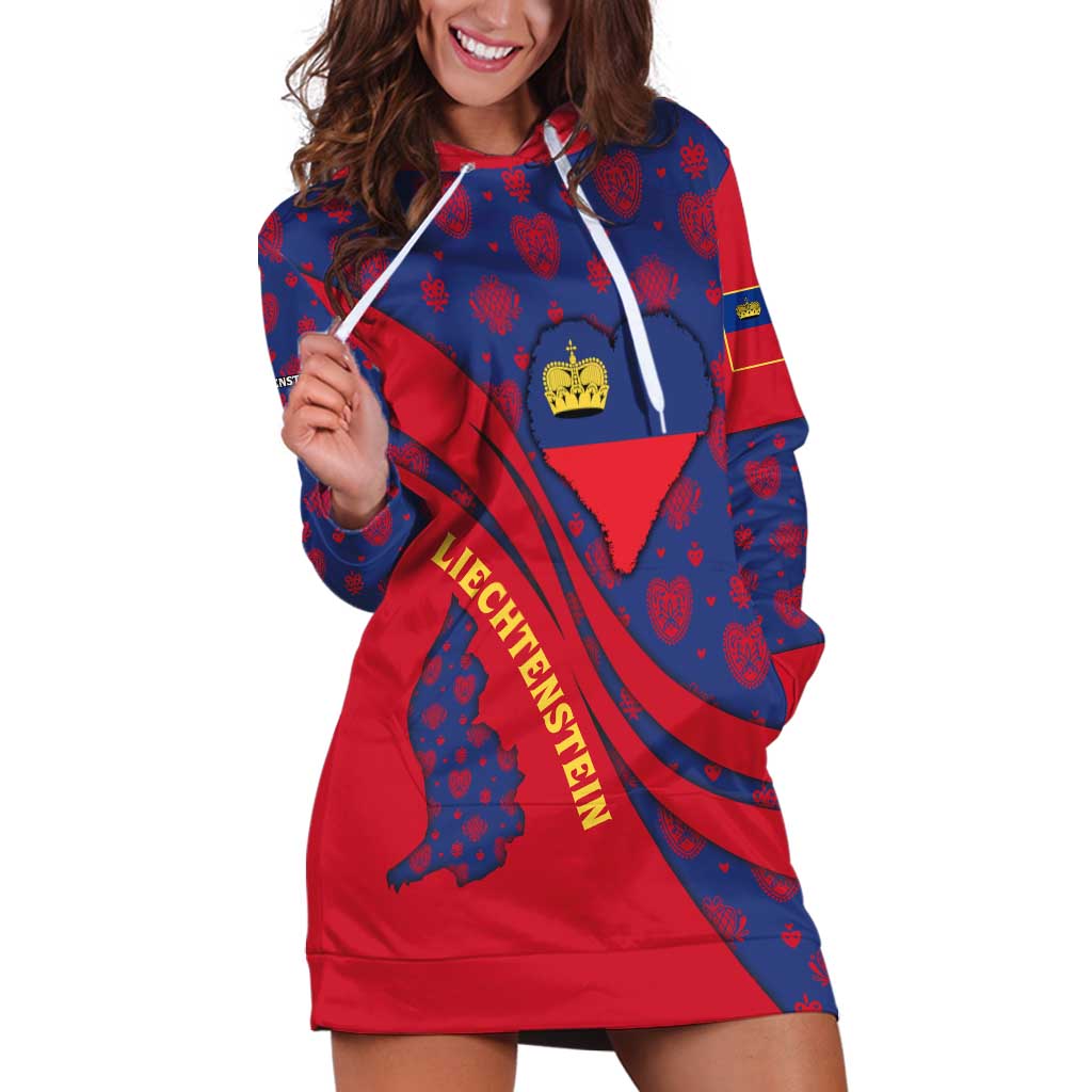 Liechtenstein Hoodie Dress with Red Blue Heart Design and Royal Coat of Arms Pattern - Wonder Print Shop