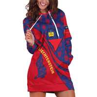 Liechtenstein Hoodie Dress with Red Blue Heart Design and Royal Coat of Arms Pattern - Wonder Print Shop