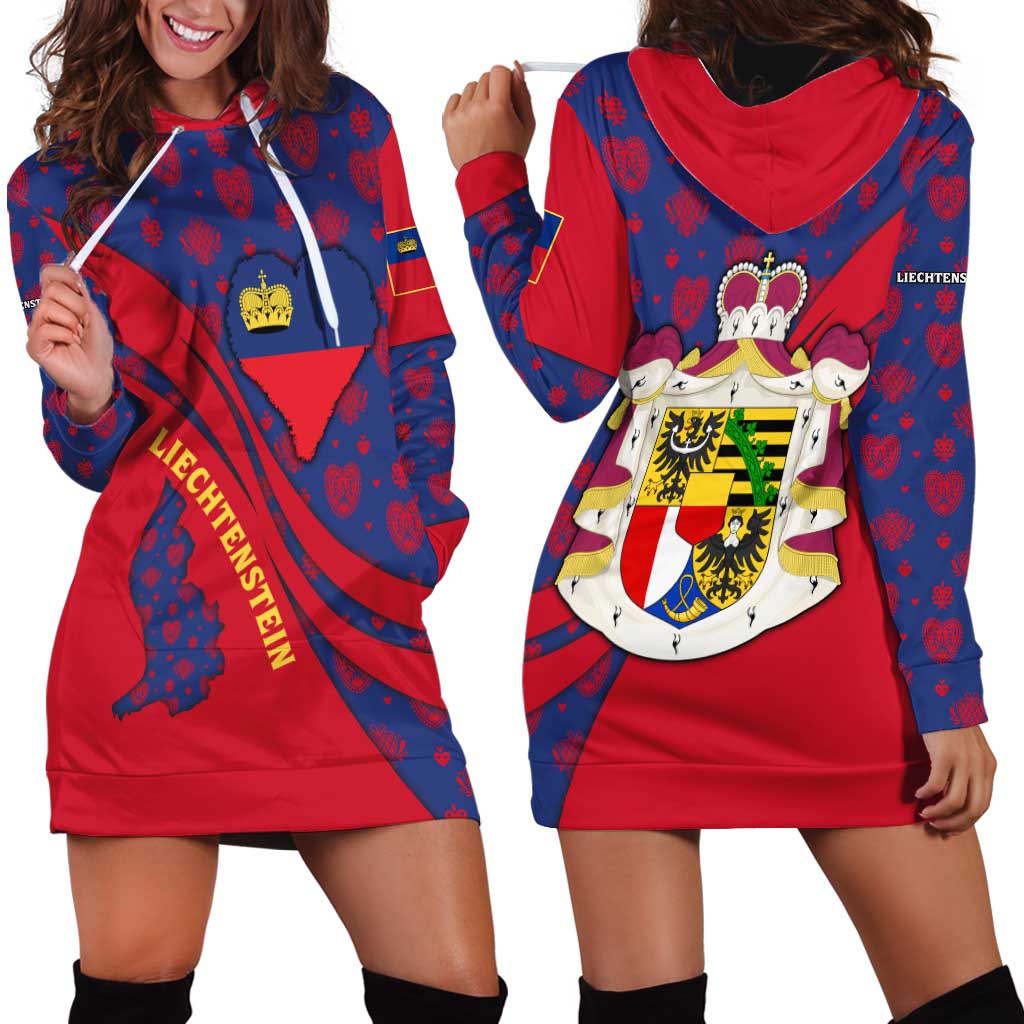 Liechtenstein Hoodie Dress with Red Blue Heart Design and Royal Coat of Arms Pattern - Wonder Print Shop