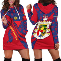 Liechtenstein Hoodie Dress with Red Blue Heart Design and Royal Coat of Arms Pattern - Wonder Print Shop