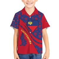 Liechtenstein Kid Hawaiian Shirt with Red Blue Heart Design and Royal Coat of Arms Pattern - Wonder Print Shop