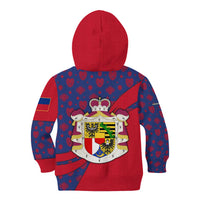 Liechtenstein Kid Hoodie with Red Blue Heart Design and Royal Coat of Arms Pattern - Wonder Print Shop