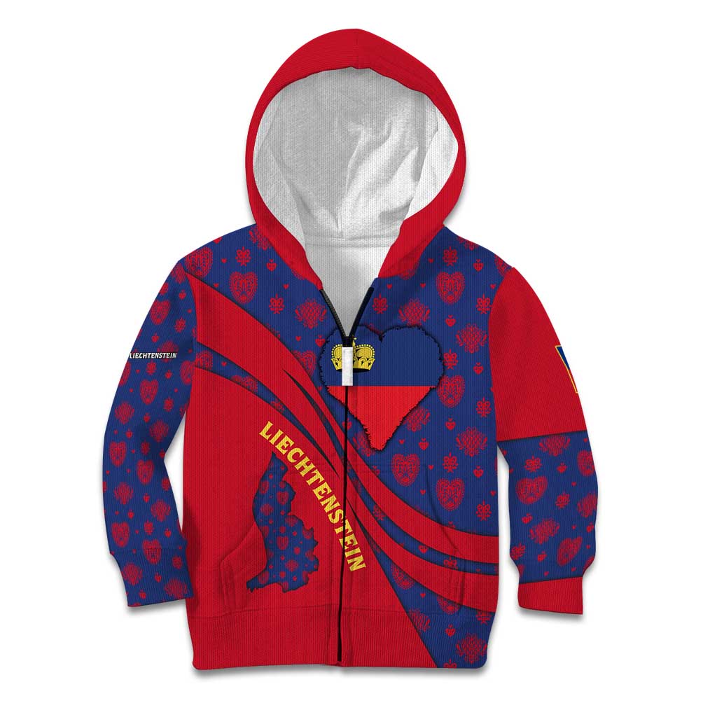 Liechtenstein Kid Hoodie with Red Blue Heart Design and Royal Coat of Arms Pattern - Wonder Print Shop
