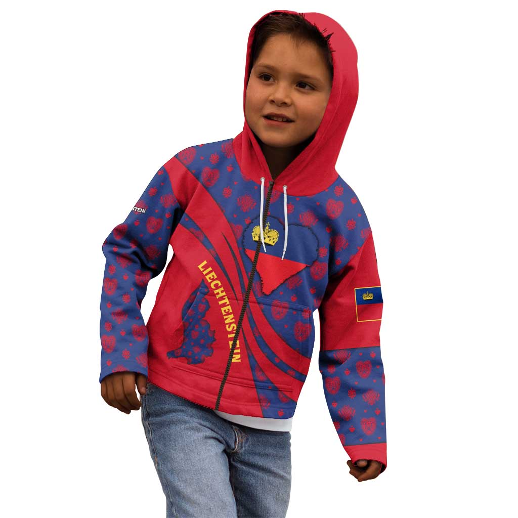 Liechtenstein Kid Hoodie with Red Blue Heart Design and Royal Coat of Arms Pattern - Wonder Print Shop