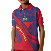 Liechtenstein Kid Polo Shirt with Red Blue Heart Design and Royal Coat of Arms Pattern - Wonder Print Shop