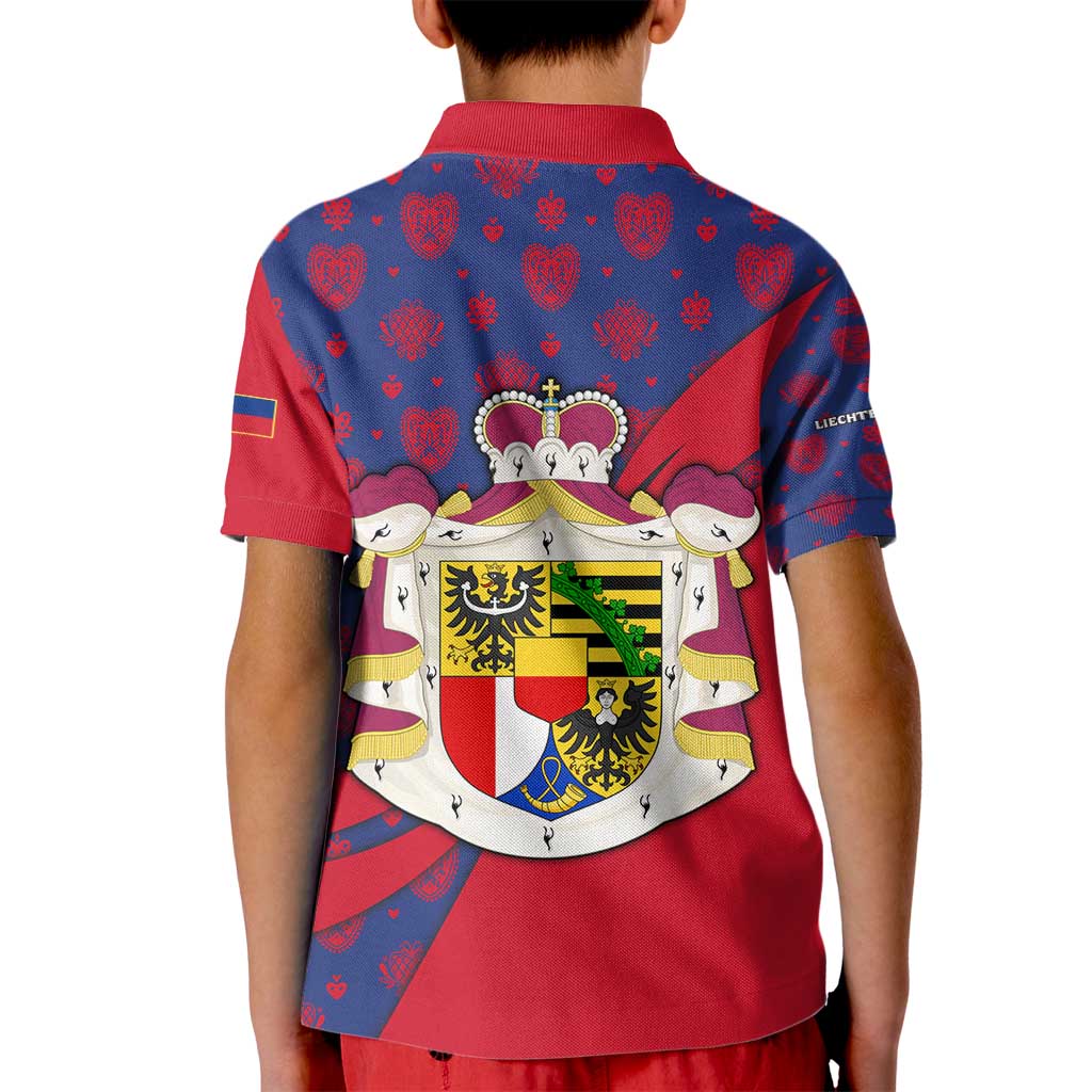 Liechtenstein Kid Polo Shirt with Red Blue Heart Design and Royal Coat of Arms Pattern - Wonder Print Shop