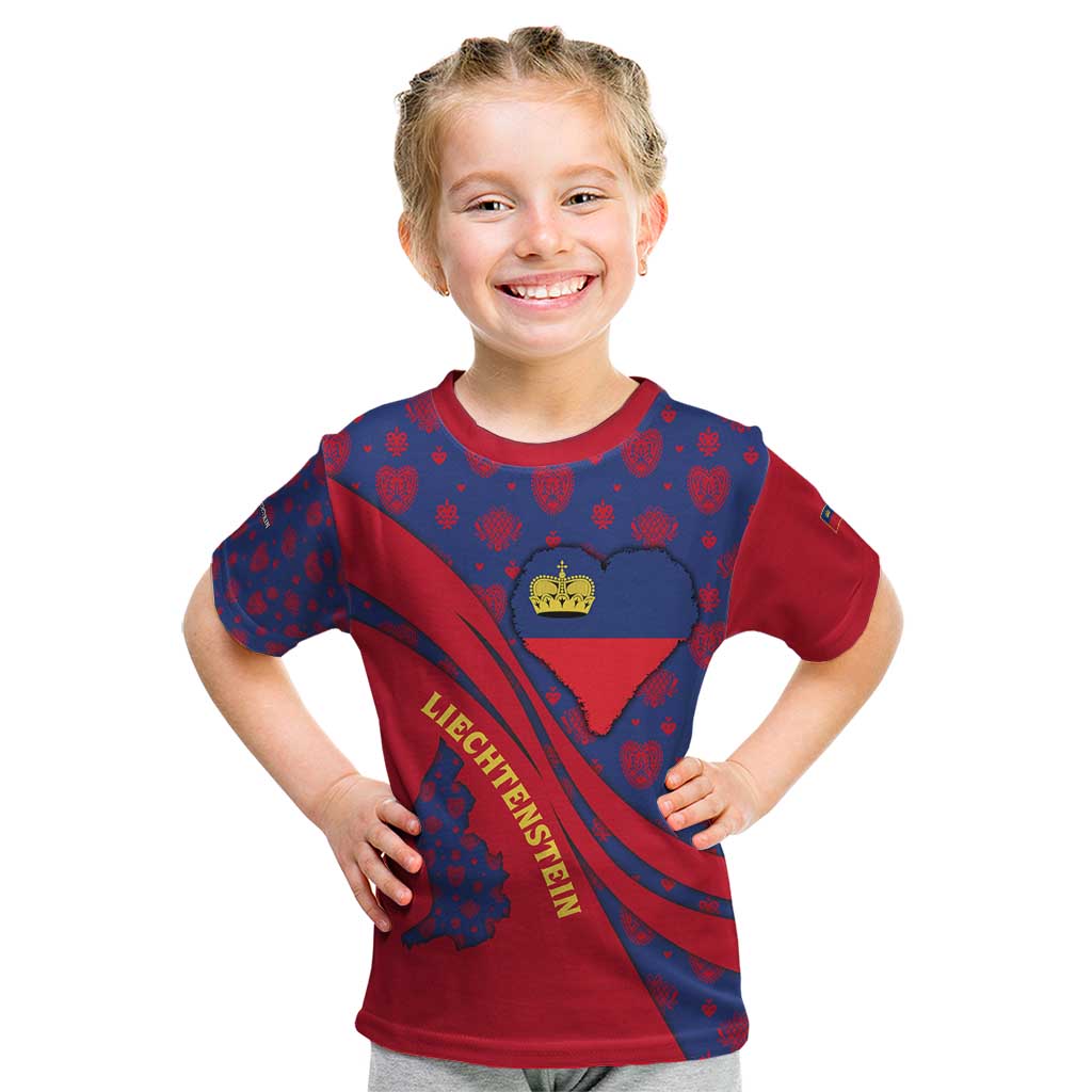 Liechtenstein Kid T Shirt with Red Blue Heart Design and Royal Coat of Arms Pattern - Wonder Print Shop