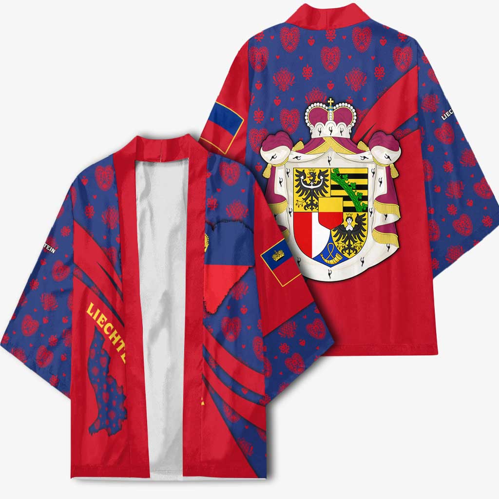 Liechtenstein Kimono with Red Blue Heart Design and Royal Coat of Arms Pattern - Wonder Print Shop