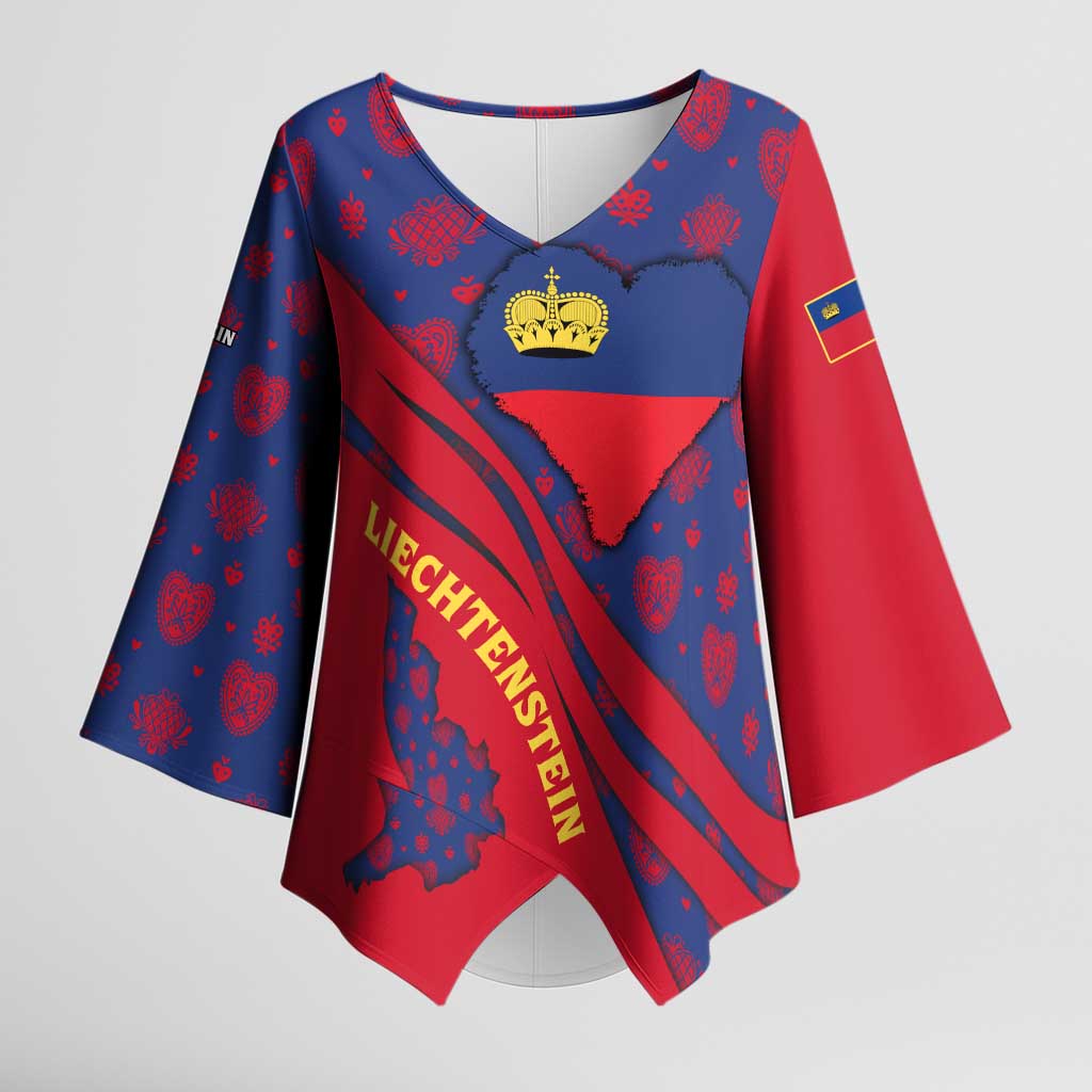 Liechtenstein Kimono Sleeve Blouse with Red Blue Heart Design and Royal Coat of Arms Pattern - Wonder Print Shop