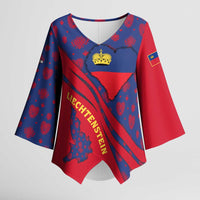 Liechtenstein Kimono Sleeve Blouse with Red Blue Heart Design and Royal Coat of Arms Pattern - Wonder Print Shop