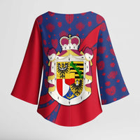 Liechtenstein Kimono Sleeve Blouse with Red Blue Heart Design and Royal Coat of Arms Pattern - Wonder Print Shop