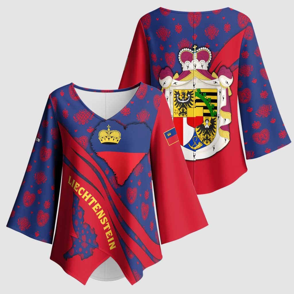 Liechtenstein Kimono Sleeve Blouse with Red Blue Heart Design and Royal Coat of Arms Pattern - Wonder Print Shop