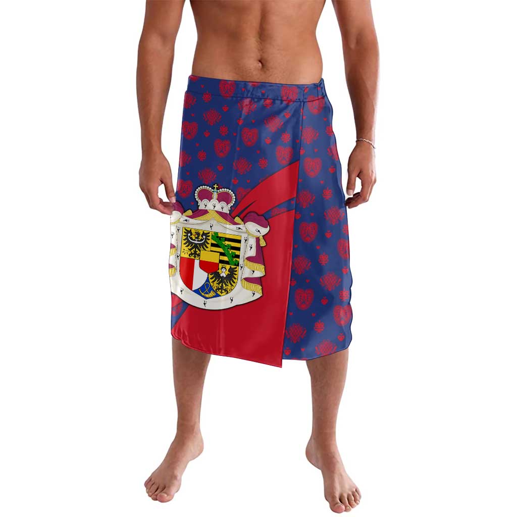 Liechtenstein Lavalava with Red Blue Heart Design and Royal Coat of Arms Pattern - Wonder Print Shop