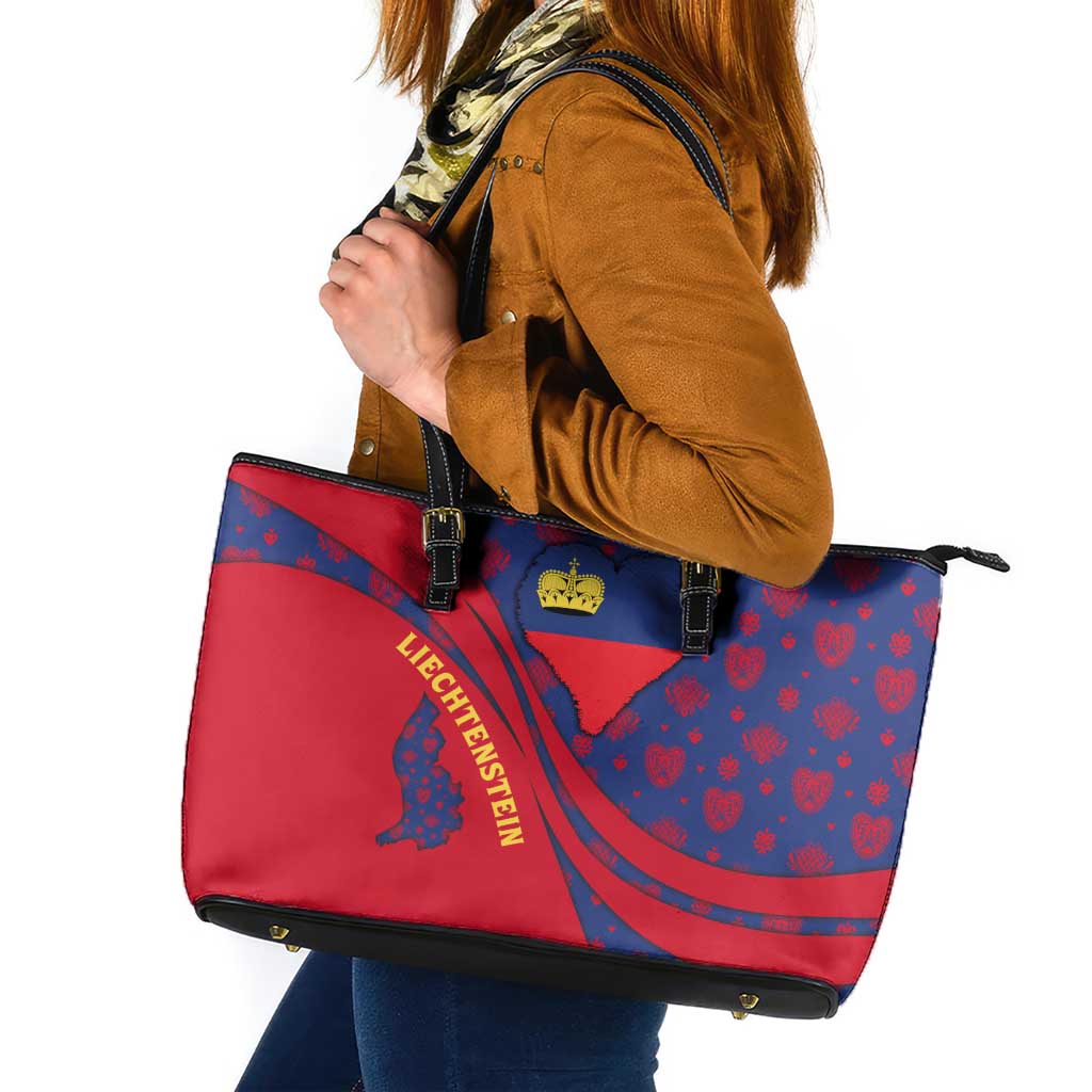 Liechtenstein Leather Tote Bag with Red Blue Heart Design and Royal Coat of Arms Pattern - Wonder Print Shop
