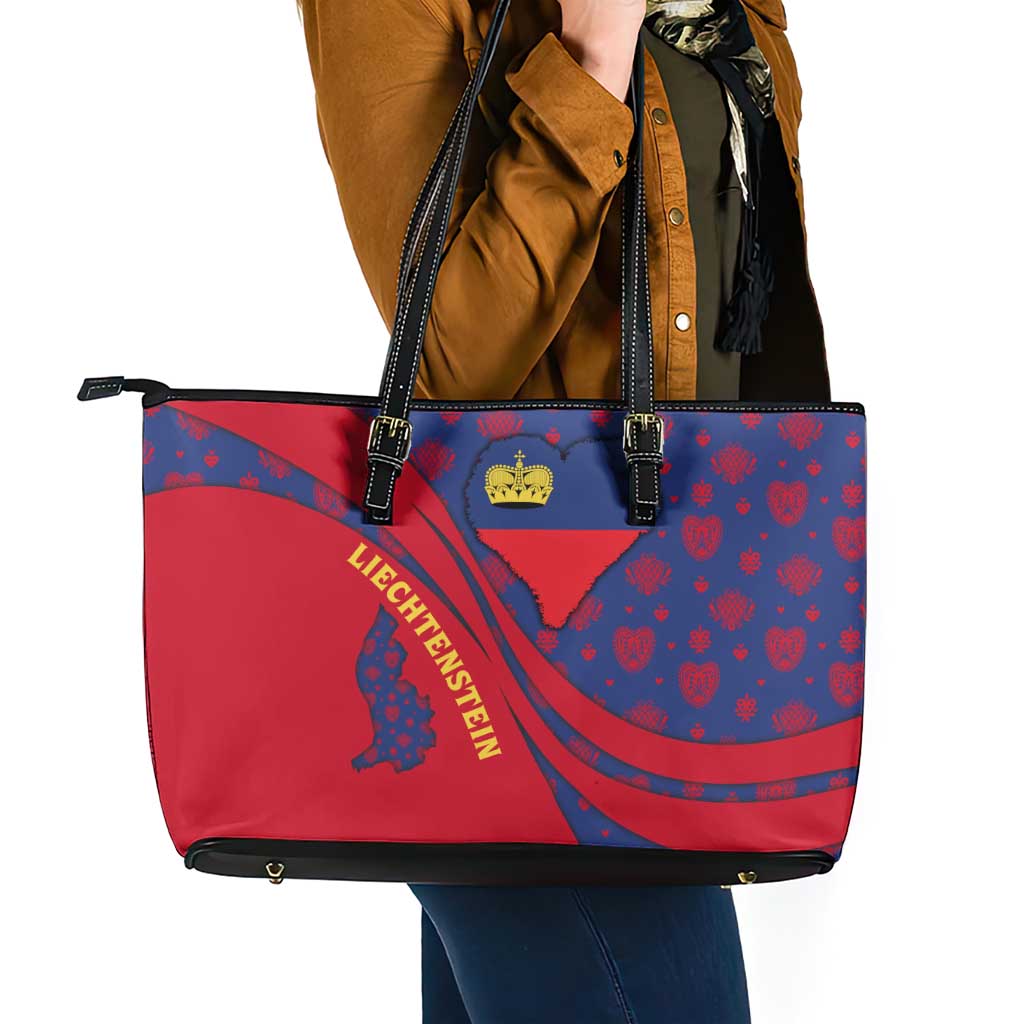 Liechtenstein Leather Tote Bag with Red Blue Heart Design and Royal Coat of Arms Pattern - Wonder Print Shop