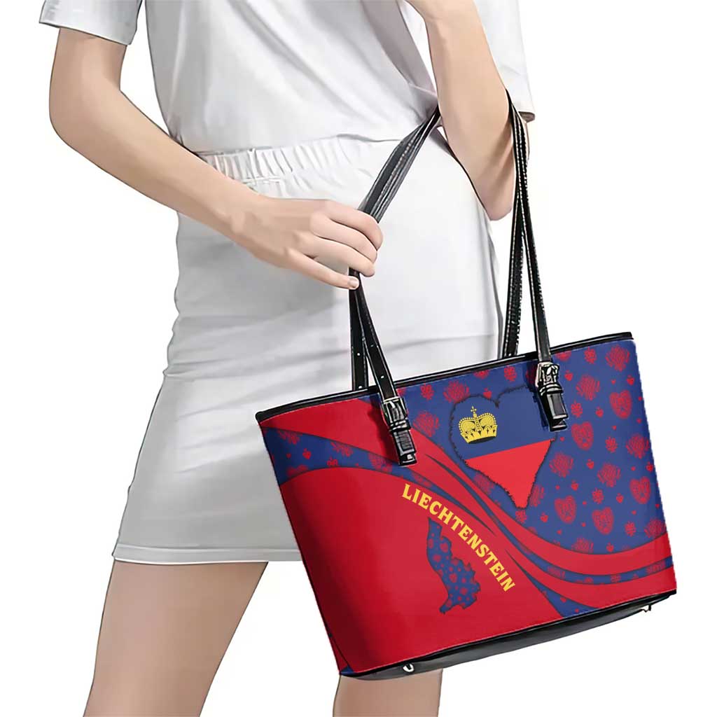 Liechtenstein Leather Tote Bag with Red Blue Heart Design and Royal Coat of Arms Pattern - Wonder Print Shop