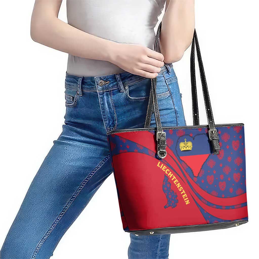 Liechtenstein Leather Tote Bag with Red Blue Heart Design and Royal Coat of Arms Pattern - Wonder Print Shop