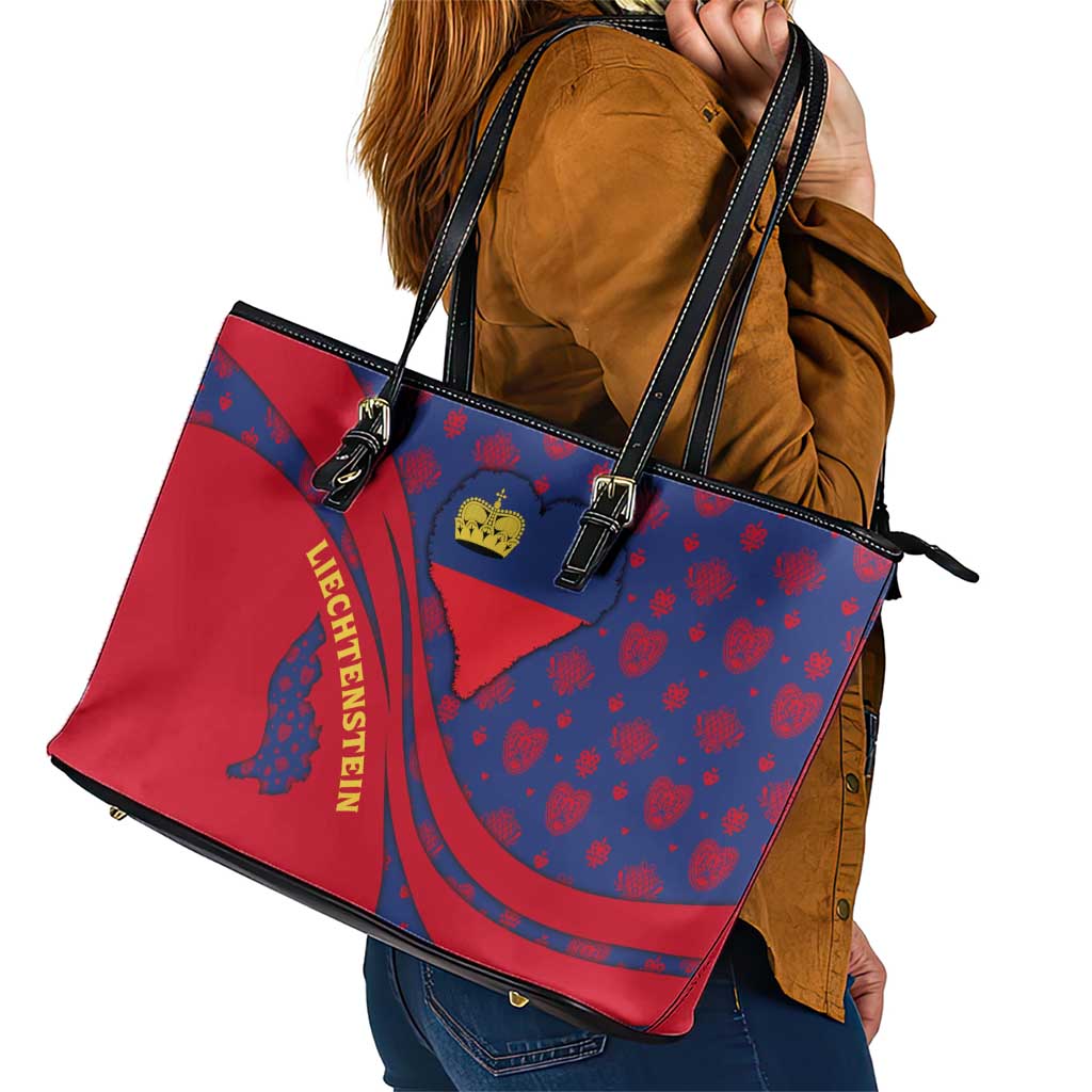 Liechtenstein Leather Tote Bag with Red Blue Heart Design and Royal Coat of Arms Pattern - Wonder Print Shop