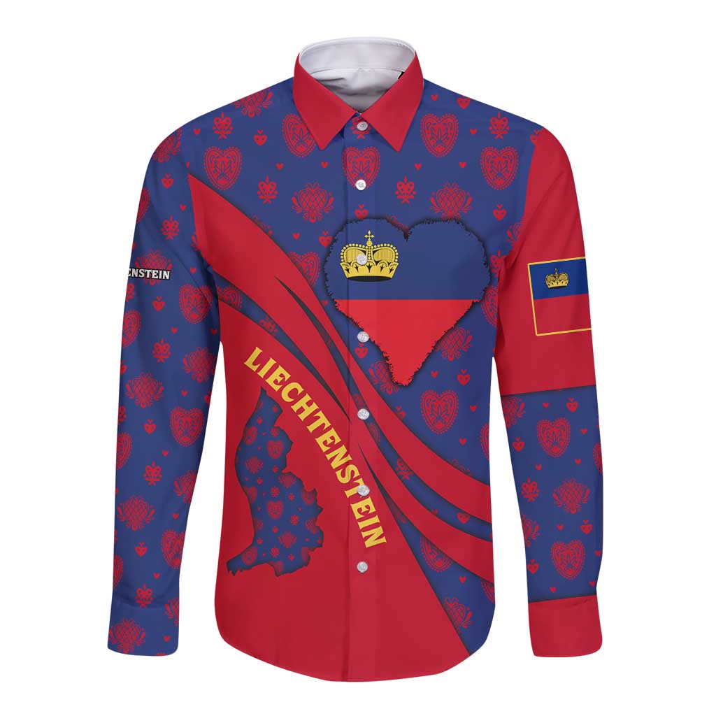 Liechtenstein Long Sleeve Button Shirt with Red Blue Heart Design and Royal Coat of Arms Pattern - Wonder Print Shop