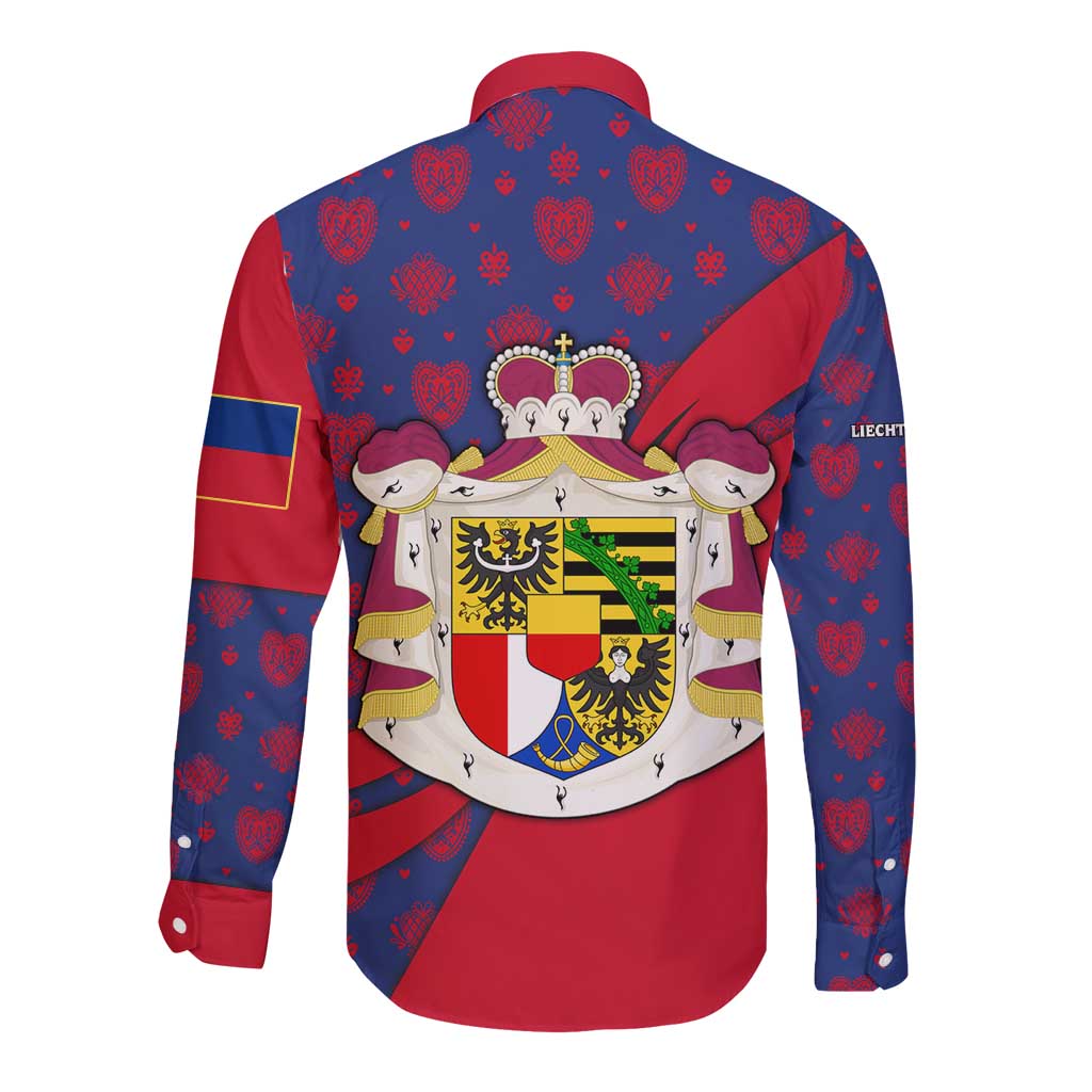 Liechtenstein Long Sleeve Button Shirt with Red Blue Heart Design and Royal Coat of Arms Pattern - Wonder Print Shop